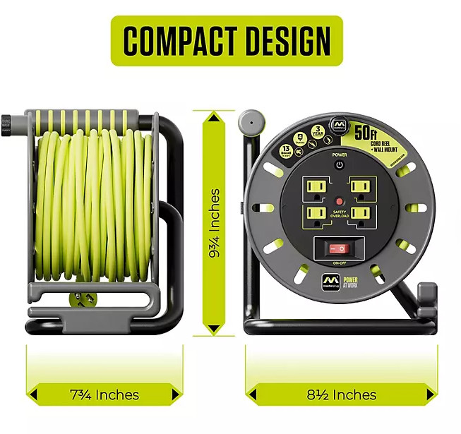 Masterplug 50ft Extension Cord Reel with 4 Sockets & Wall Mount - 13A Power gallery