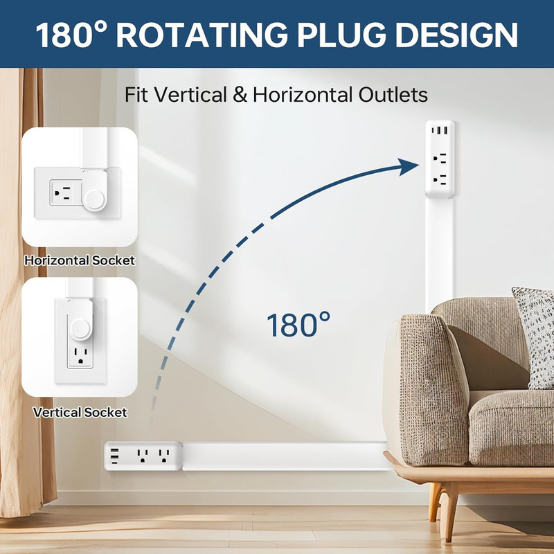Electrical Outlet Extender with 2 AC Outlets, 2 USB-A, 1 Type-C, Rotates 180°, E gallery