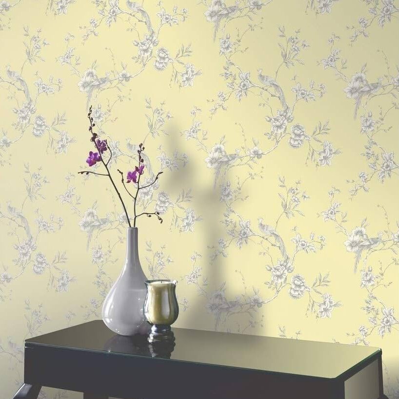 Yellow gray white floral chinois branches flowers chinoiserie birds Wallpaper 3D gallery
