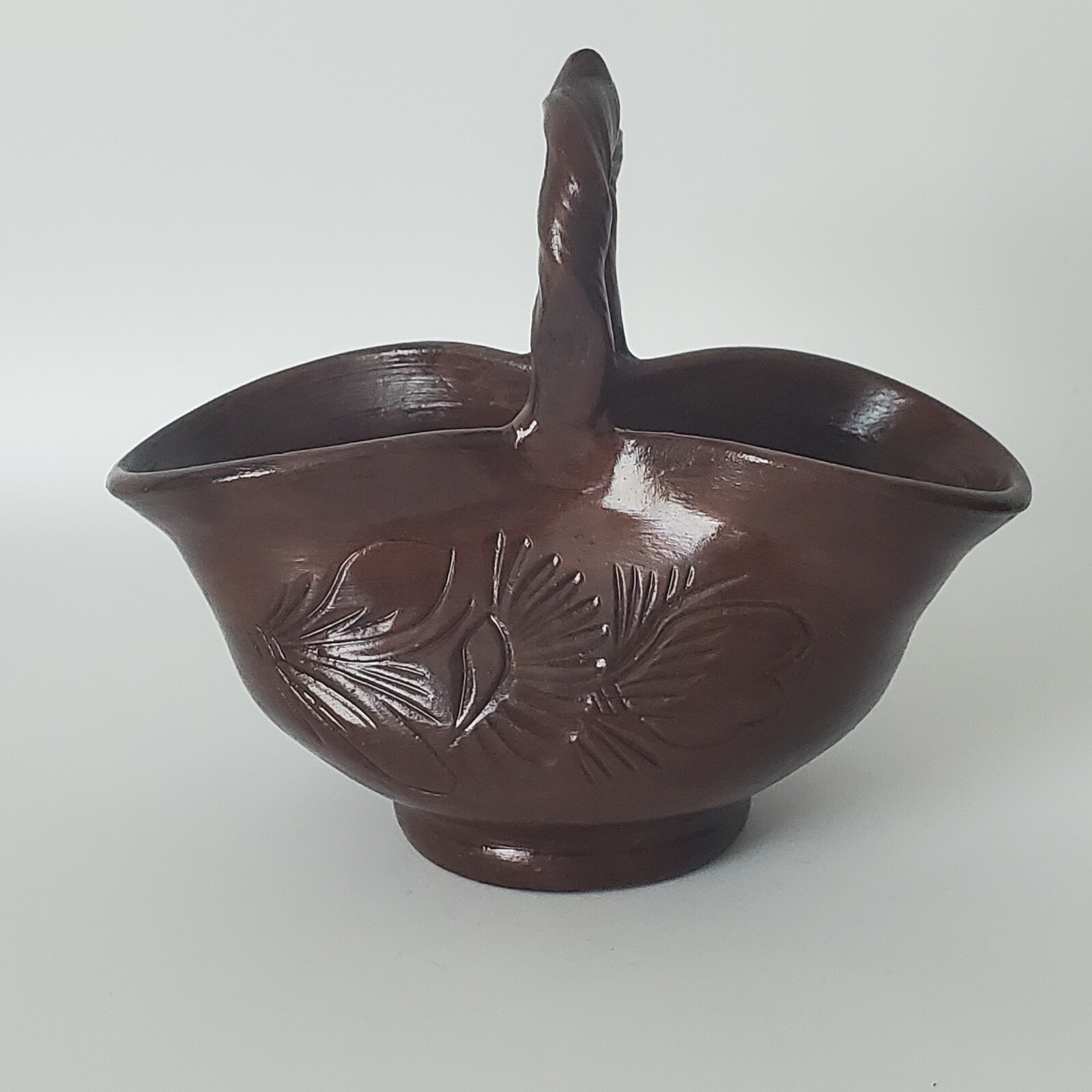 VTG KOROND Transylvania Pottery MiniBasket Planter Hand Carved Signed gallery