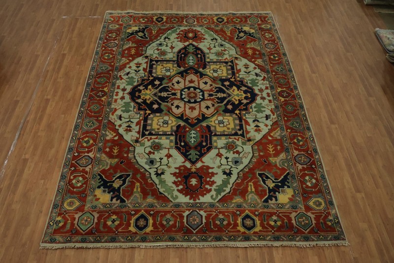 Light Blue and Rust Traditional Large Rug 10'x14' Ft Handmade Oriental Wool Rug gallery