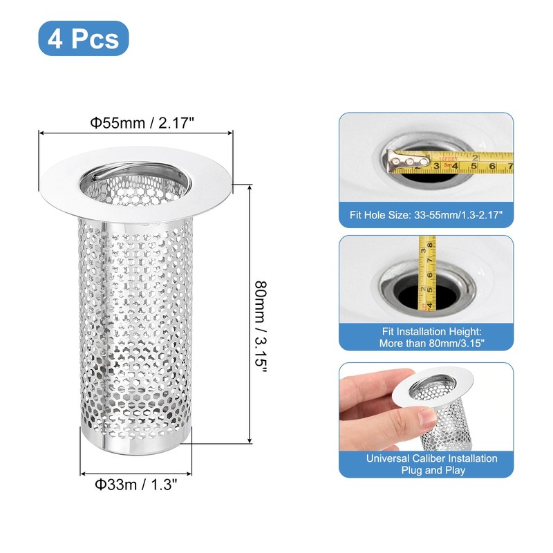 4 Pack Shower Drain Strainer 3.2" x 2.2" Stainless Steel Deep Sink Hair Catcher gallery