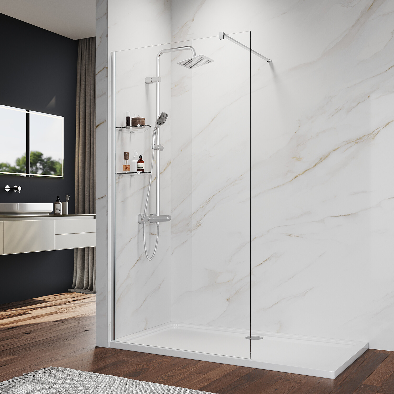 30" x 74" Walk-In Shower Screen 8mm Frameless Glass with Double Shelves Chrome gallery