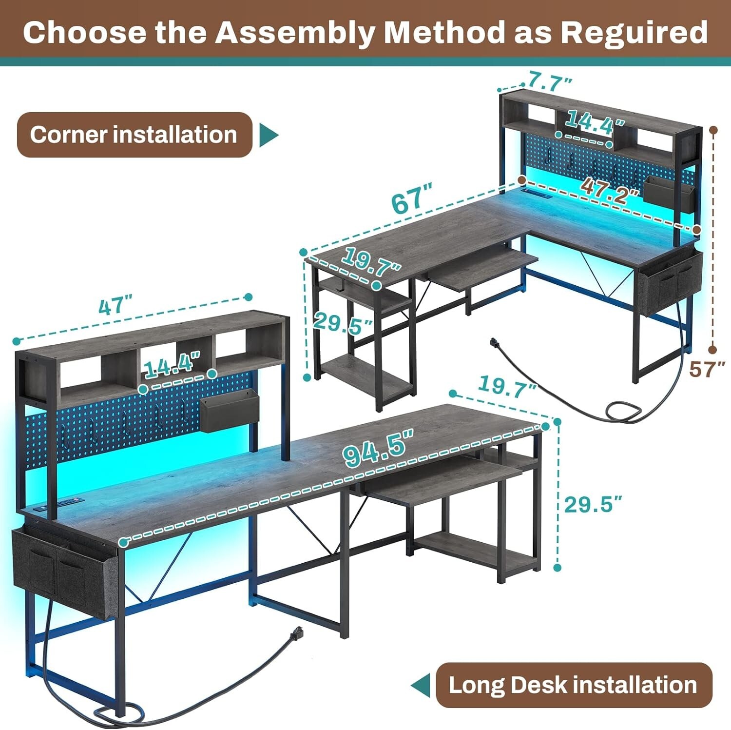 L Shaped Desk with LED Light, 94.5" Home Office Desk with Power Outlet &Pegboard gallery