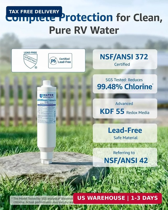 Waterspecialist RV Inline Water Filter, NSF Certified, Reduces Chlorine, Bad Tas gallery