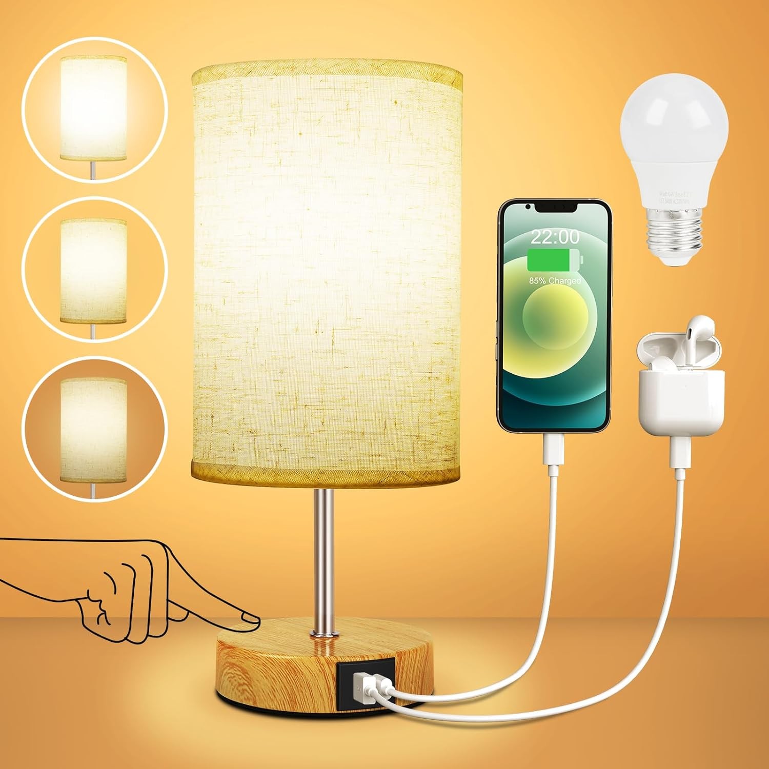 Bedside Table Lamp for Bedroom - 3 Way Dimmable Touch Lamp USB C Charging Ports gallery