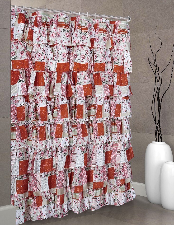 PATCHWORK Ruffle Fabric Shower Curtain MULTI Color RED size 72 x72 inch