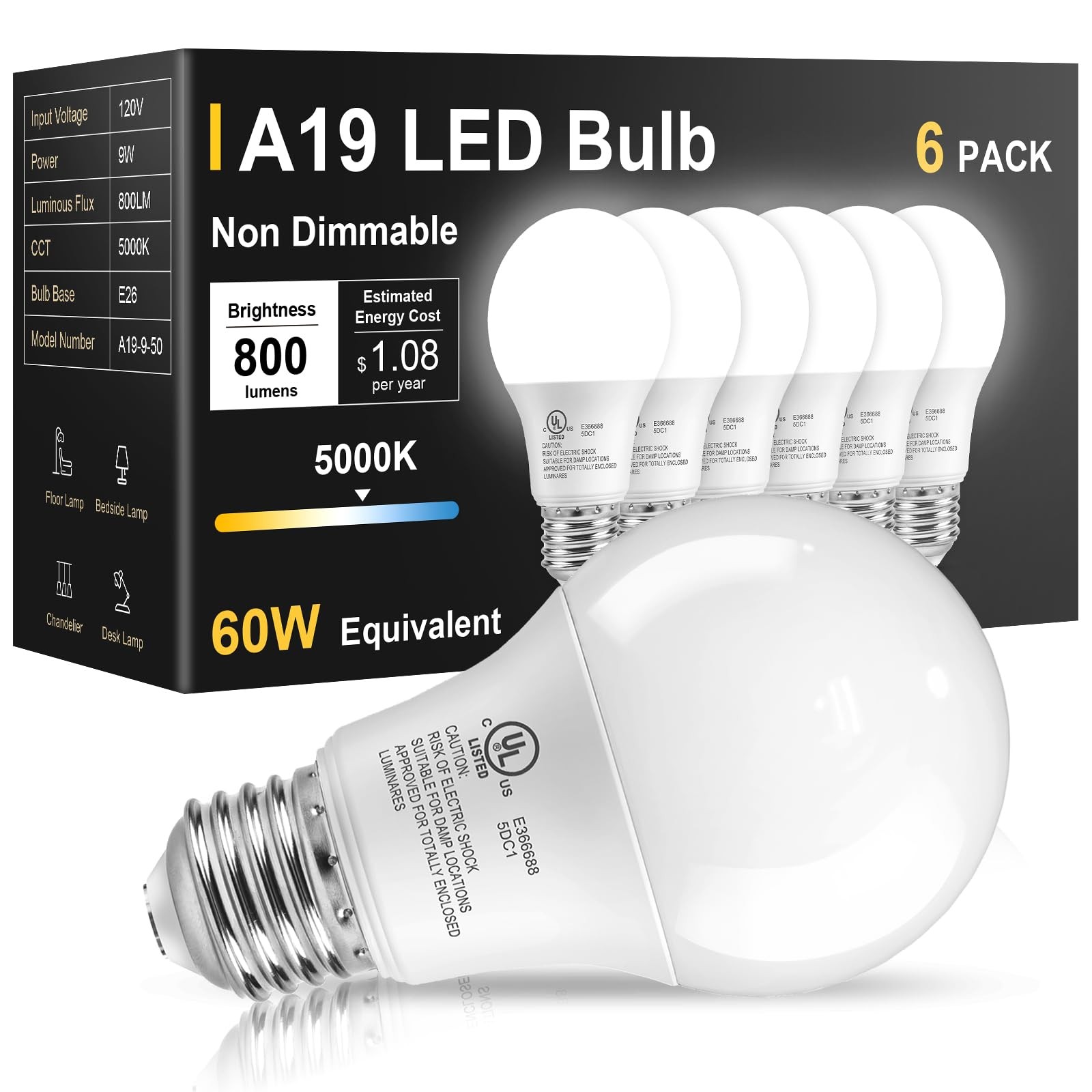 TJOY 6 Pack LED Light Bulbs 60 Watt Equivalent, Daylight White 5000K A19, Eff... gallery
