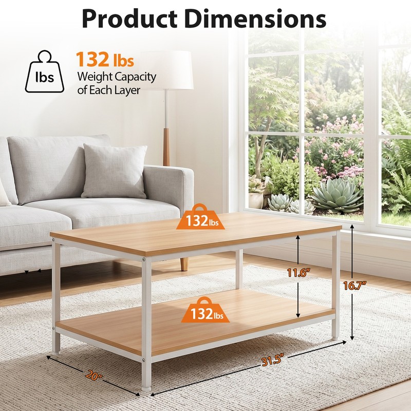 31" Coffee Table Shelf Storage Drawer Metal Feet Retro Style Natural Save Space gallery