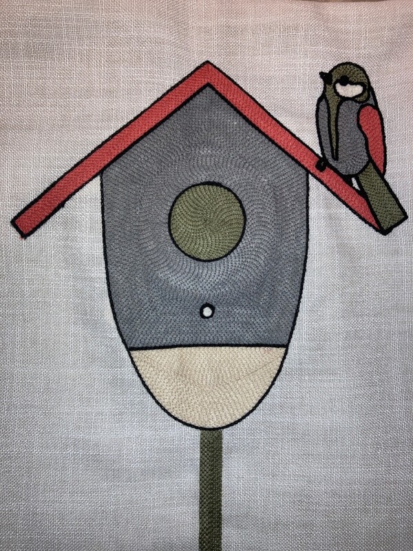 Bird & house embroidered  accent pillow case on textured linen like. 18”L x 18”W gallery