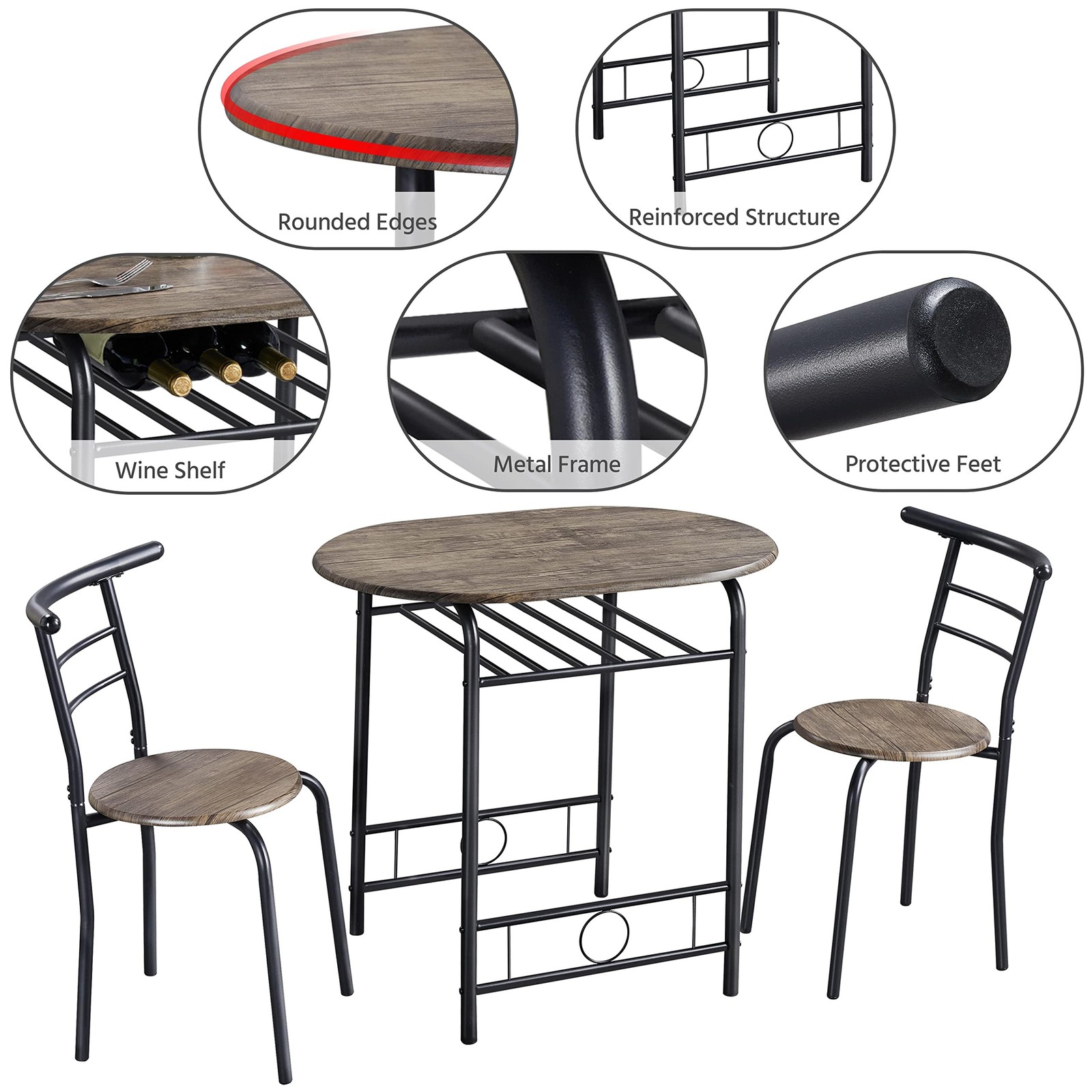 Table & Chair Sets for 2, Dining Room Table Set w/Metal Frame,Storage Rack,Brown gallery