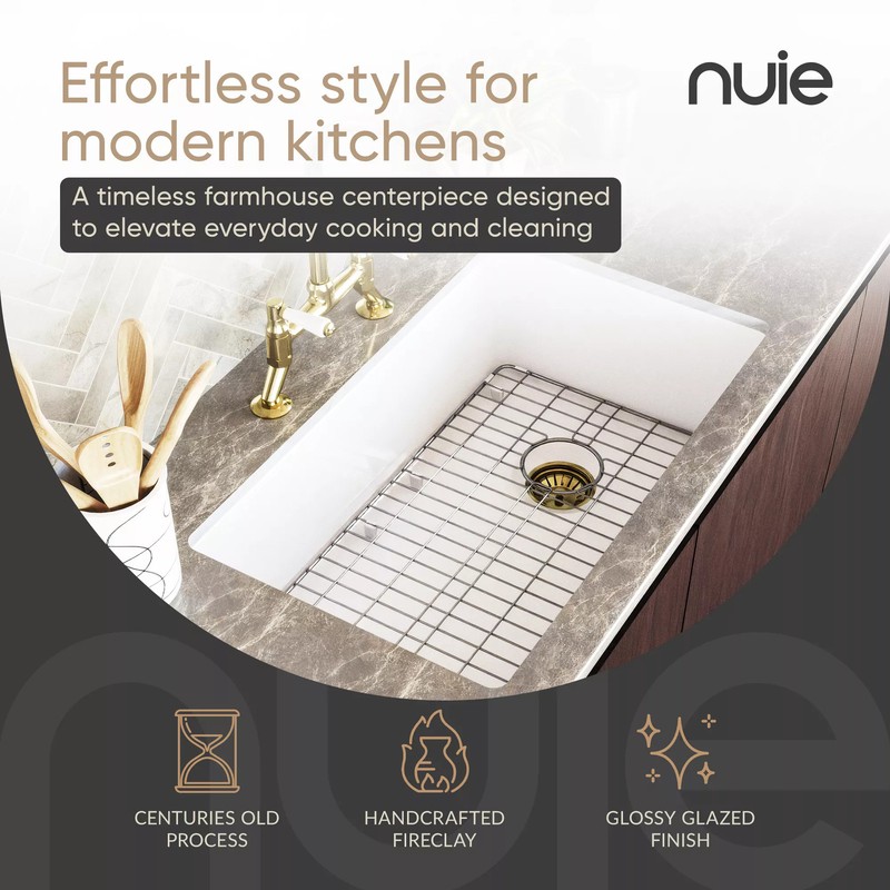 Nuie Undermount Kitchen Sink with Chrome Drainer, Wire Grid, Fire Clay 34x19x10" gallery