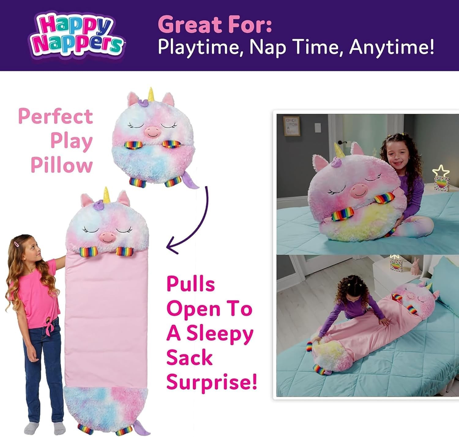 Happy Nappers: Pillow & Sleepy Sack: Medium - Rainbow Unicorn - 54 x 20, Plush A gallery