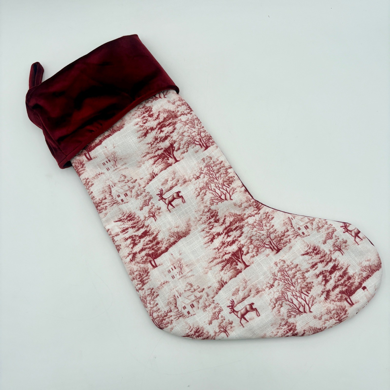 Christmas Stocking Red White Deer Trees Toile Velvet Cuff Christmas Holiday gallery