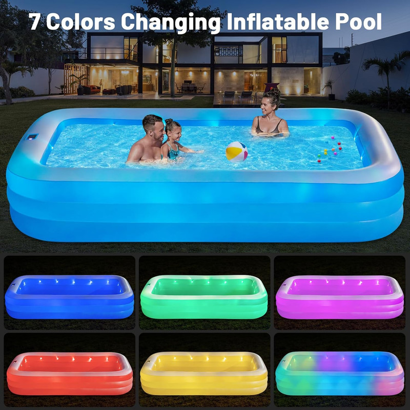 Large Solar Inflatable Pool with Lights, 130"x72"x22", Oversized Thickened Blow gallery