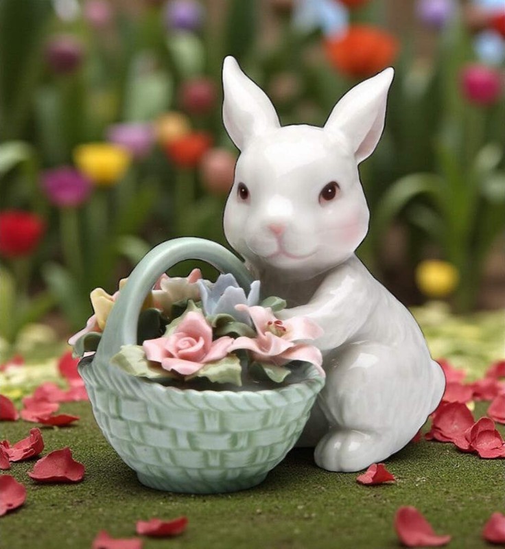Ceramic Easter Bunny Rabbit With Flower Basket Figurine, Home Décor, Gift for He gallery