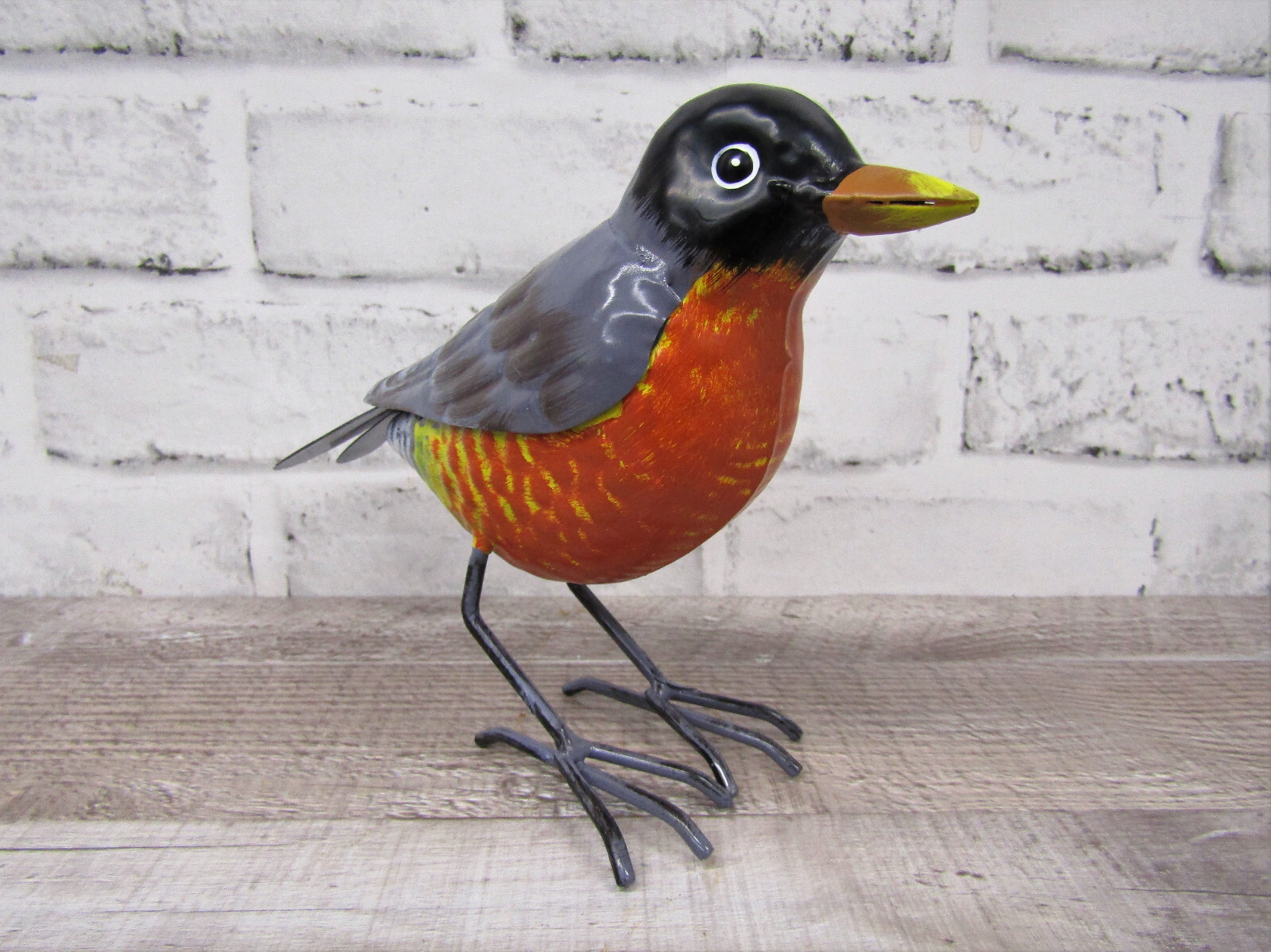 Small Rustic 8" Long Summer American Robin Red Breast Metal Tin Song Bird Figure gallery