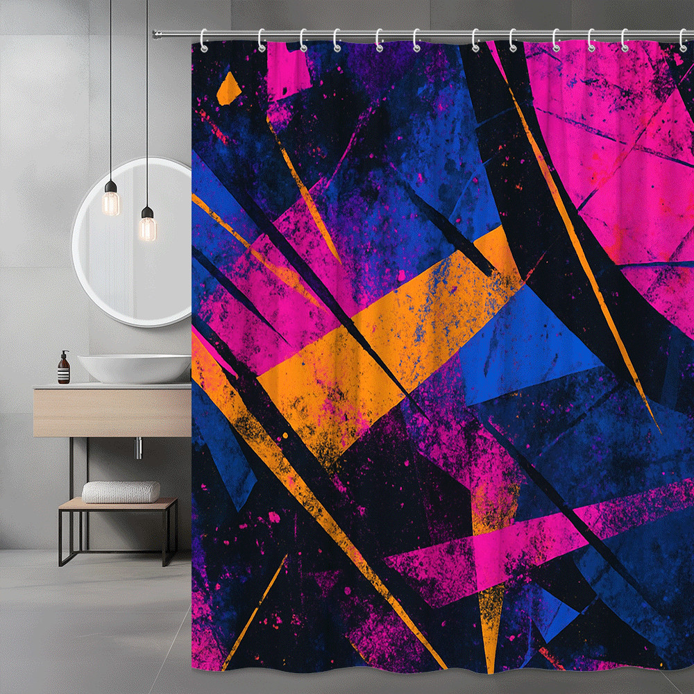 Abstract Neon Geometric Shower Curtain Pink Blue Orange gallery
