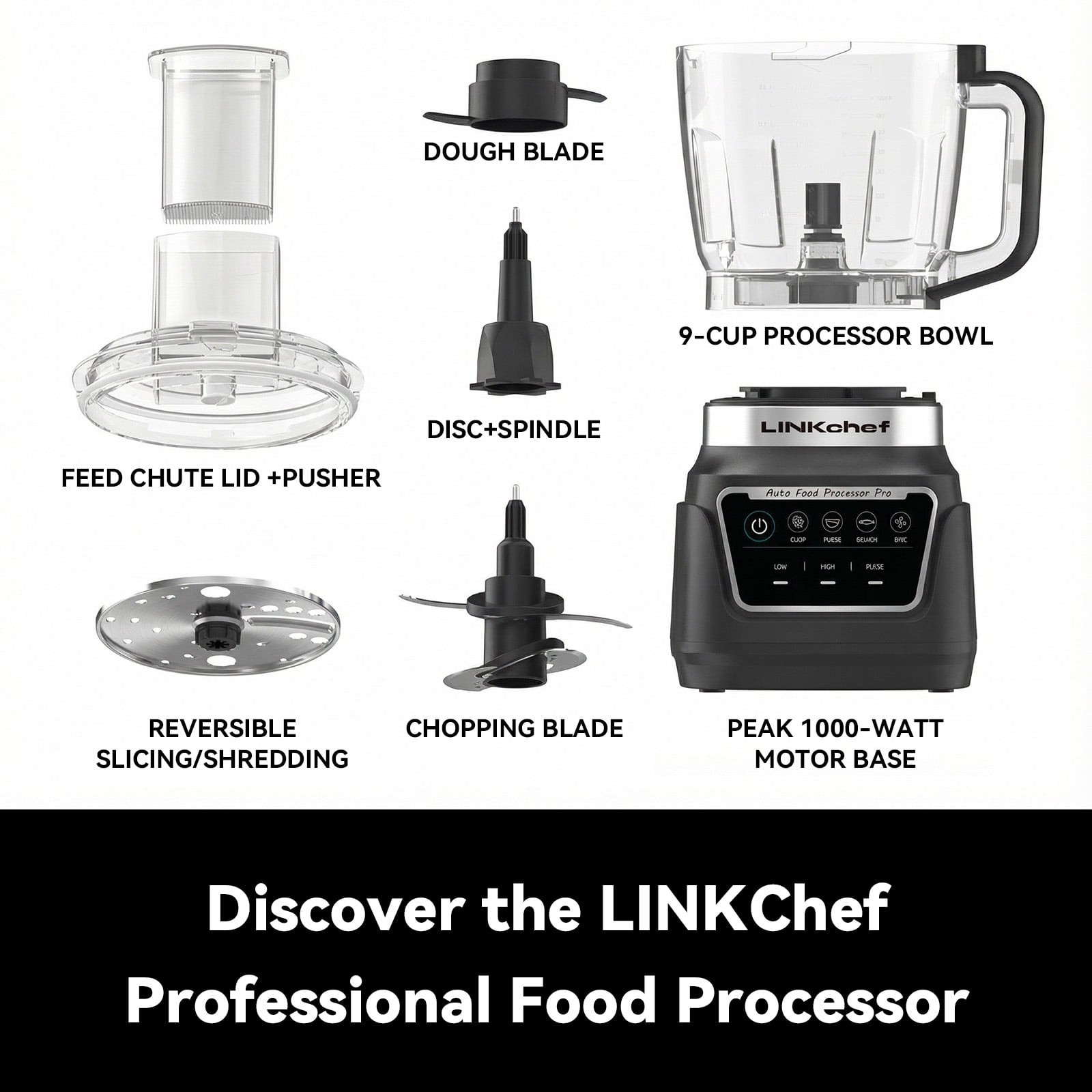 LINKChef Food Processor, 1000W All-Copper Motor, 9-Cup BPA-Free Bowl, 4 Presets, gallery