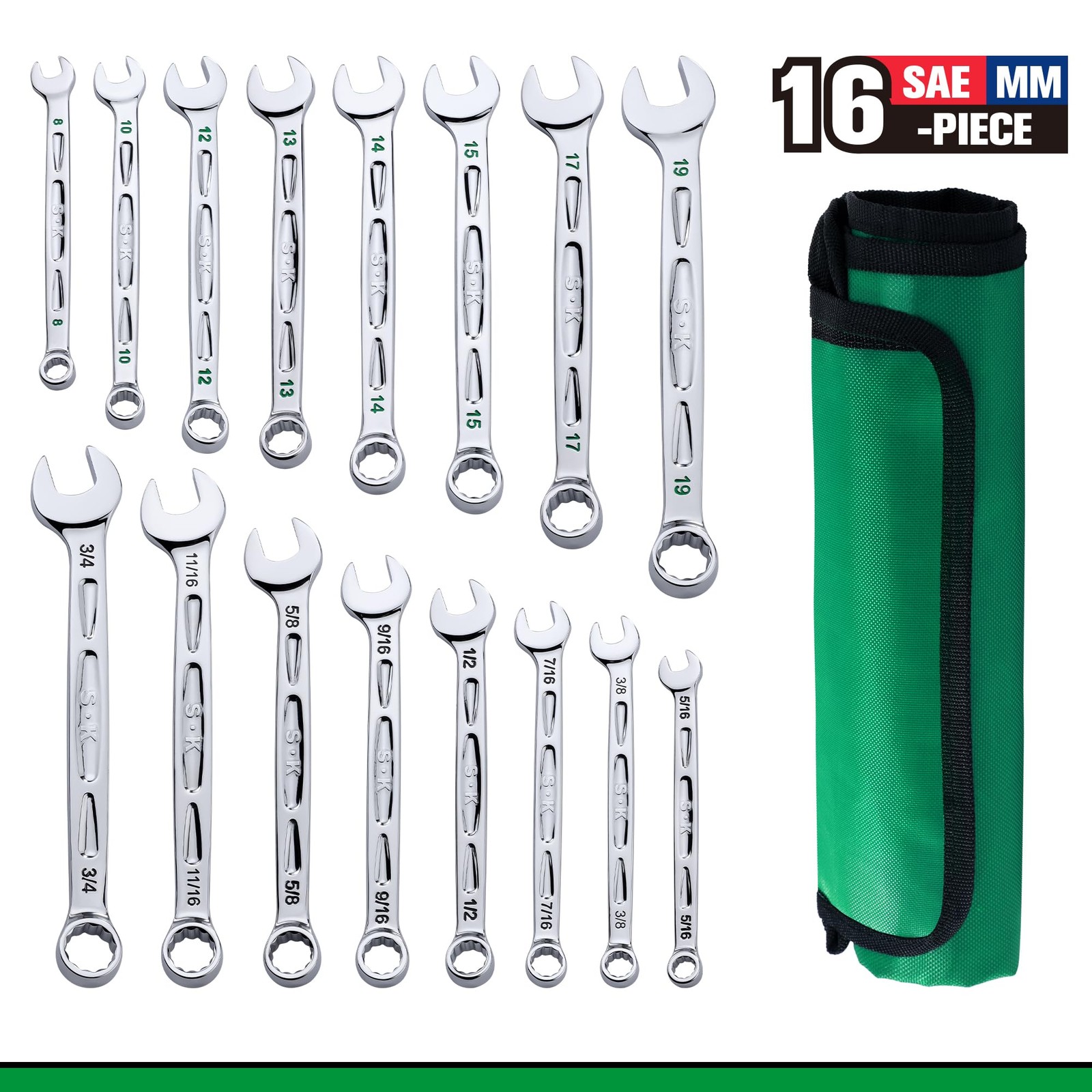 Tools USA 16 Piece, 12 Point, SAE & Metric Chrome Combination Wrench Set | SK013 gallery