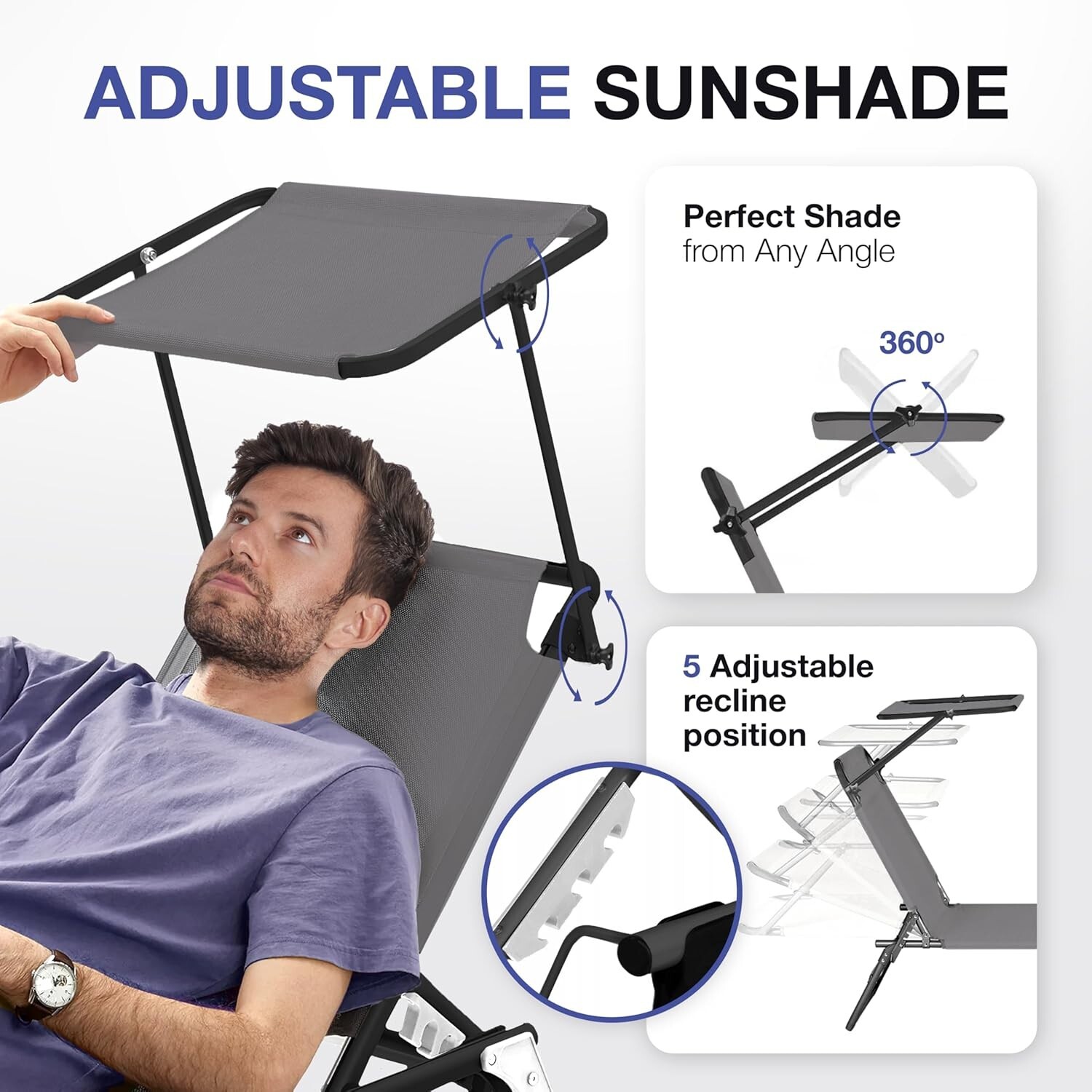 Comfysure Folding Outdoor Lounge Chair with Canopy grey gallery