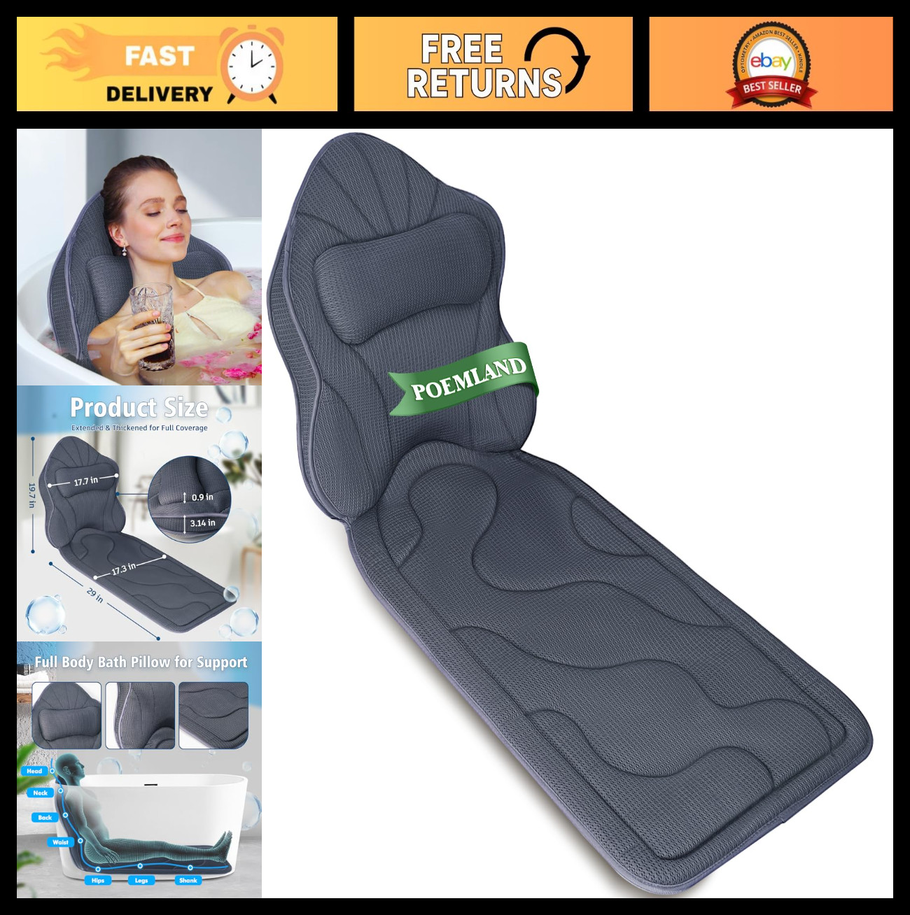 Extra Thick Full Body Bath Pillow - Non-Slip Tub Cushion with Head & Neck Suppor gallery