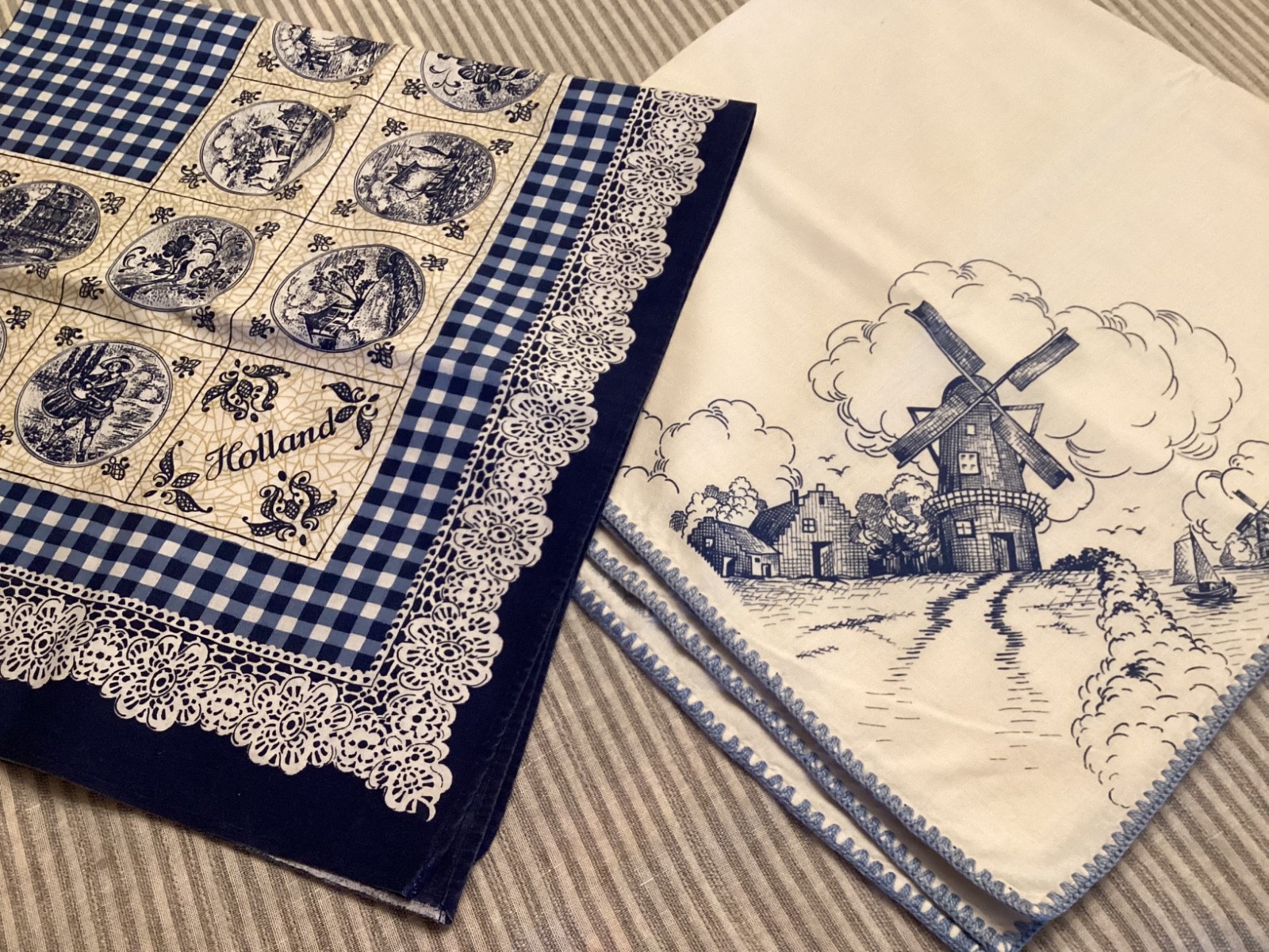 Lot 2- Dutch Netherlands 34” Tablecloth Tops DELFT Blue Holland Windmills Houses gallery