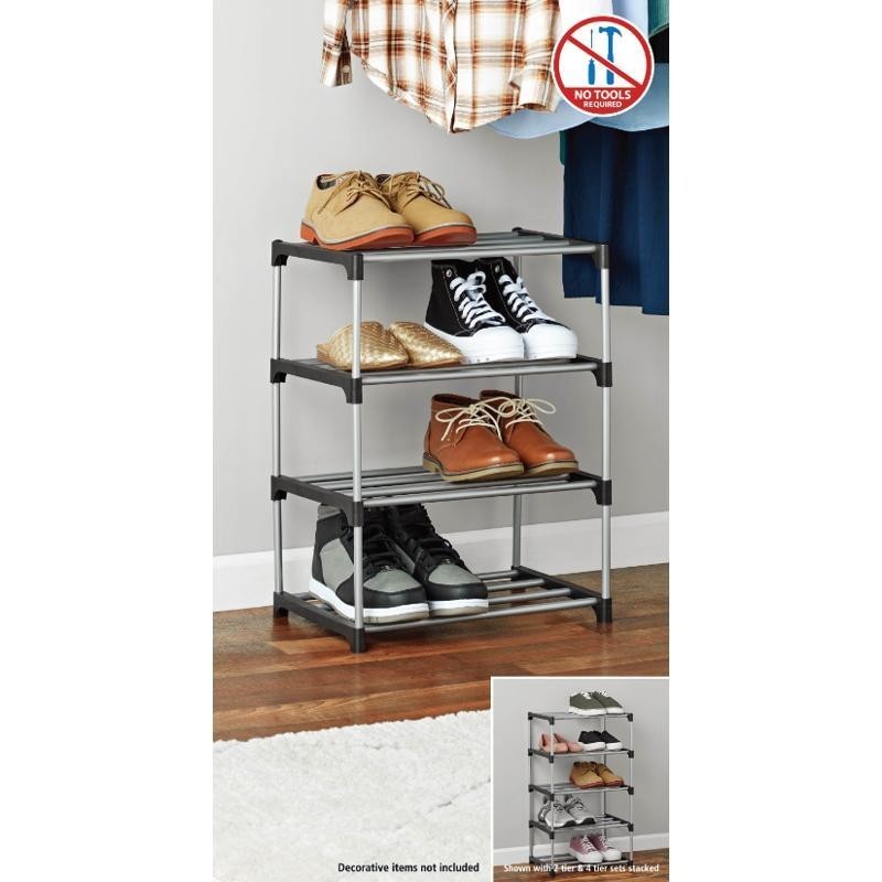 4 Tier Shoe Rack Black/Silver Stackable Fits 8 Pairs Easy Assembly Space-Saving gallery