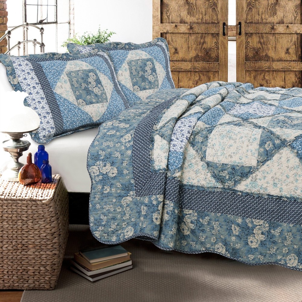 Moyers Blue Real Patchwork 100%Cotton 3-Piece Quilt Set, Bedspread, Coverlet