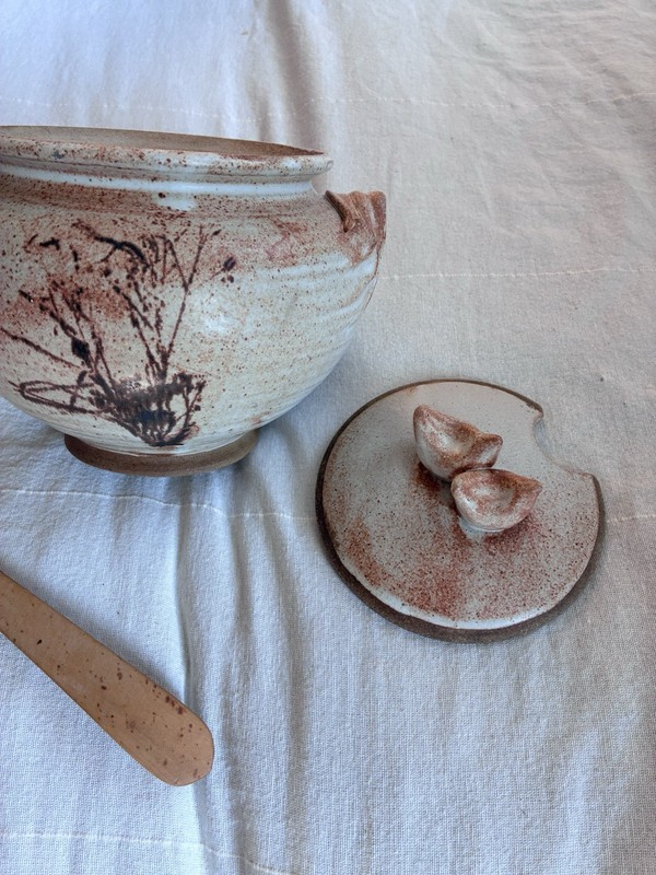 Rustic Artisan Muted Earth Speckled Stoneware Bowl Lid Handcrafted Wooden Ladle gallery