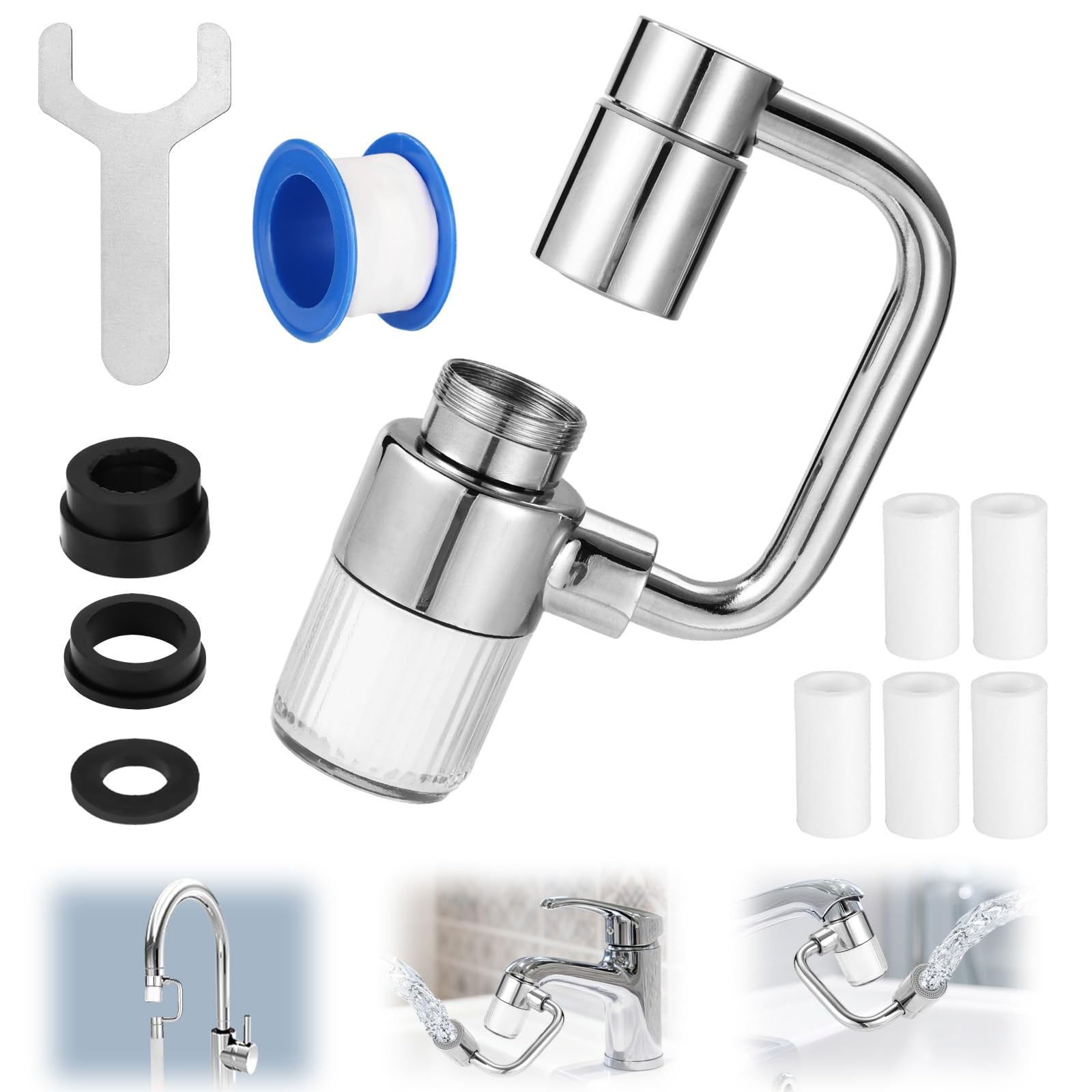 360° Rotating U Shaped Faucet Extender, Universal Faucet, with 5 Filter Elements gallery