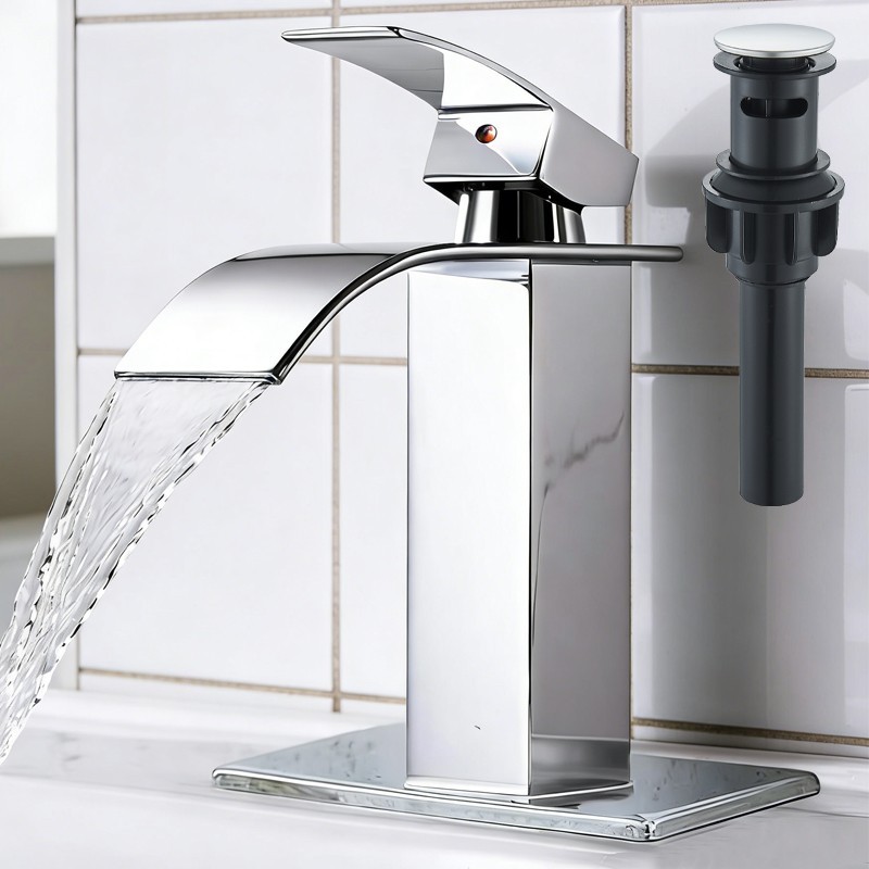 Chrome Single Handle Bathroom Sink Faucet Waterfall Basin Vanity Mixer W/Drain gallery