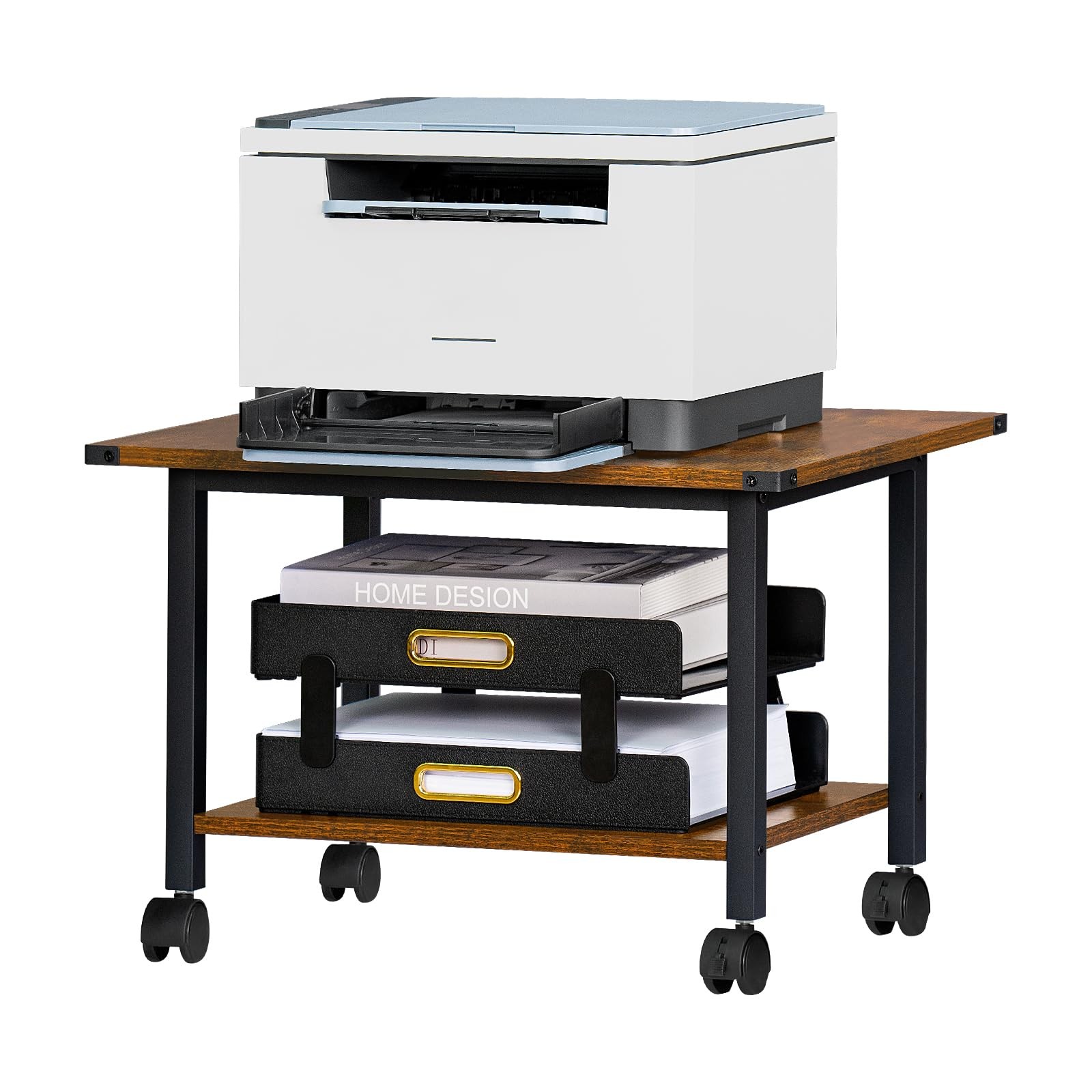 2Tier Industrial Under Desk Mobile Printer Stand Rolling Cart Rustic Brown gallery