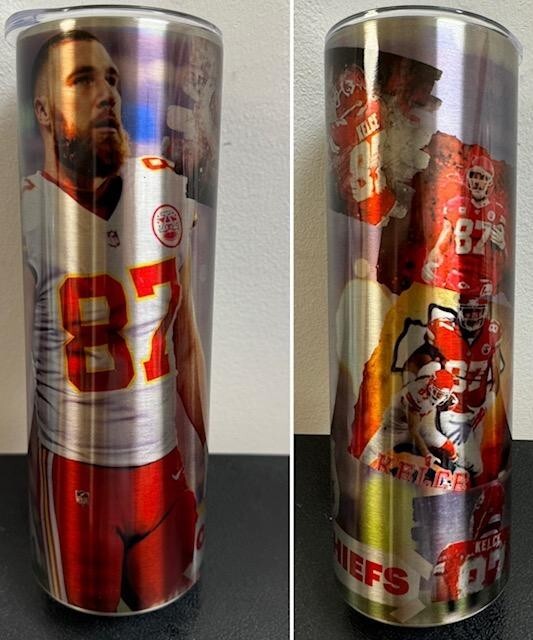 SILVER TRAVIS KELCE 87 KC CHIEFS FOOTBALL 20oz STAINLESS STEEL TUMBLER CUP / LID gallery