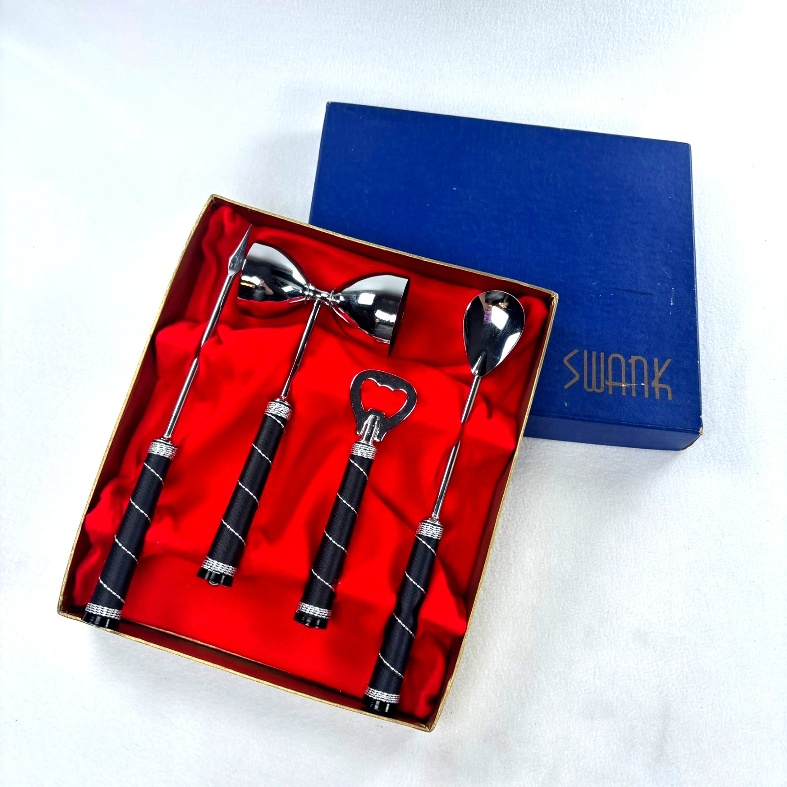 Swank Barware Set Unisex OS Silver Black Faux Leather Wrapped Mid Century Modern gallery