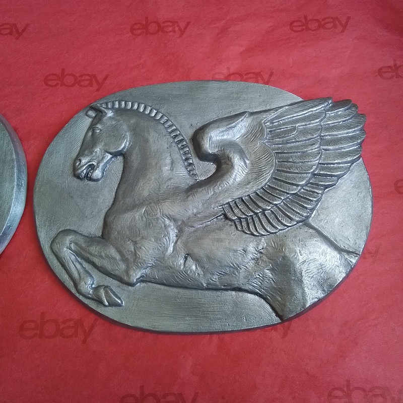 Pair Oval Spelter Wall Plaques, Pegasus Horse, Matt Silver, 10"×8", Pre-owned gallery