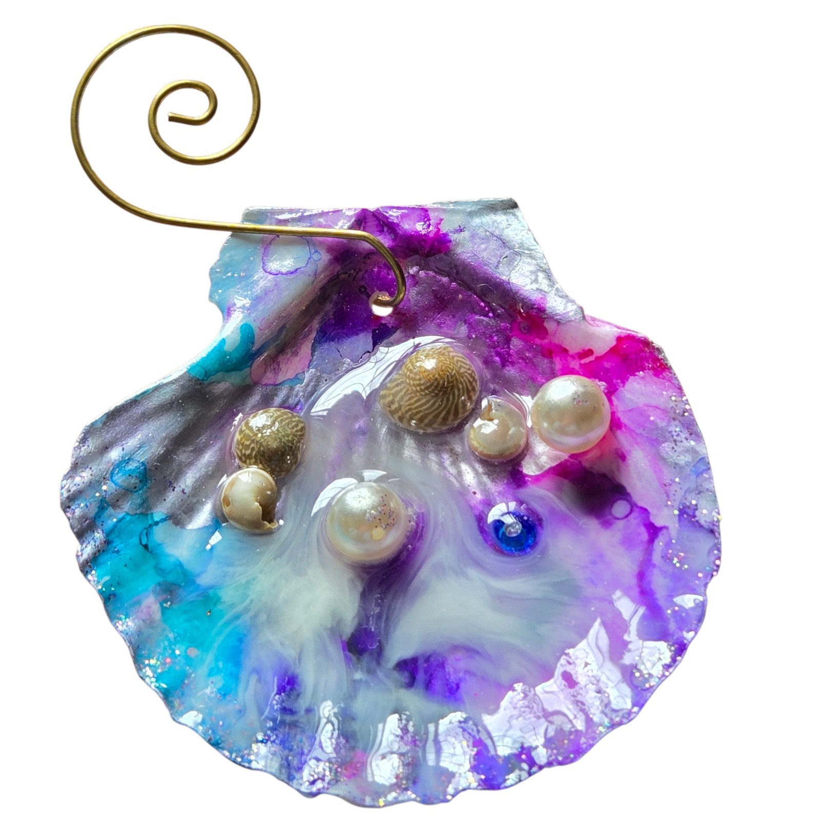 Handmade Alcohol Ink Seashell Decor Resin Sealed Hanging Coastal Boho Ornament gallery