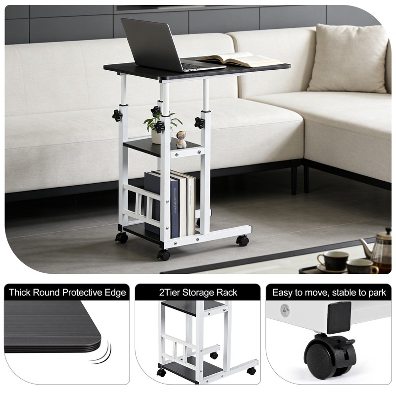 Height Adjustable C Table on Wheels with Storage Shelves Sofa End Table gallery