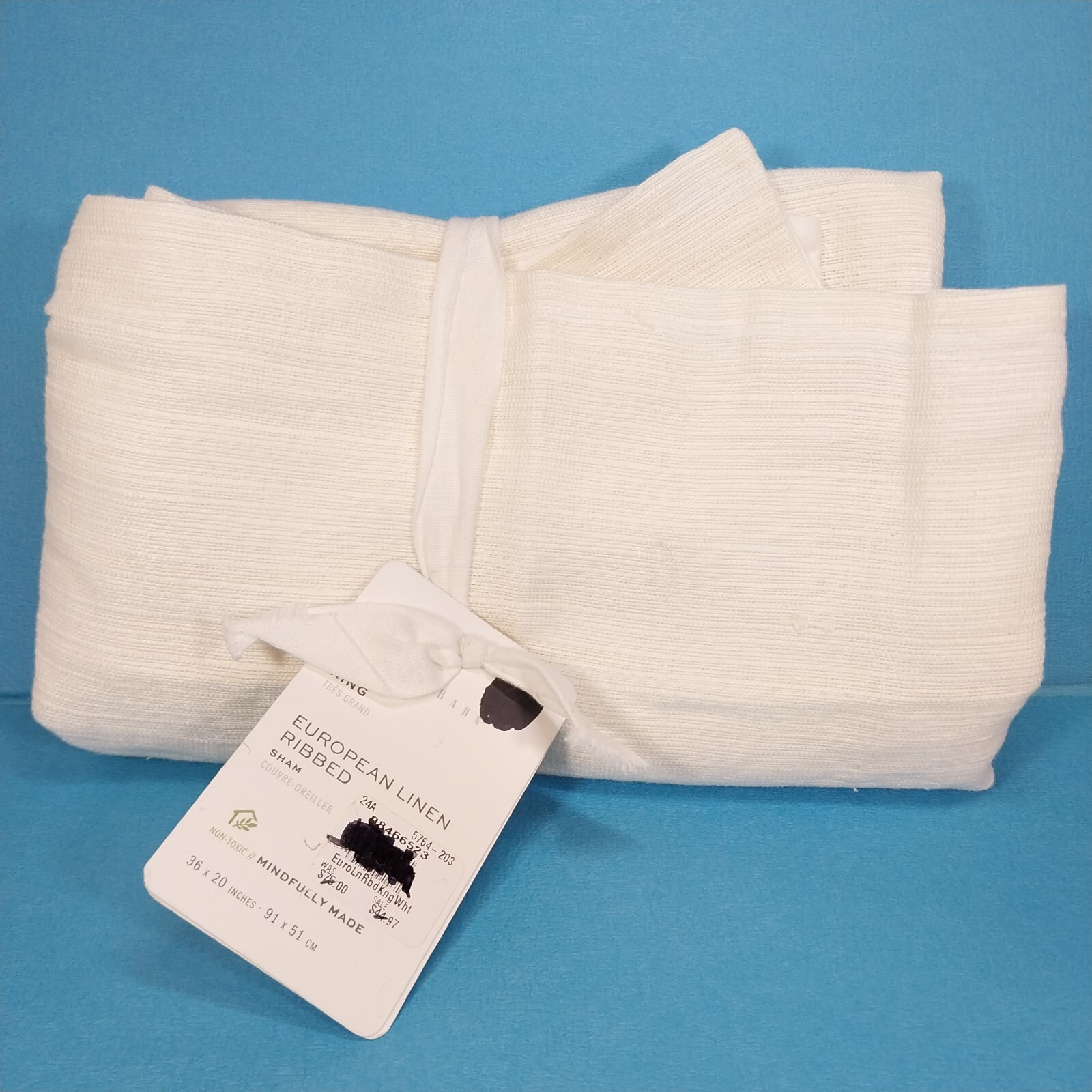 Pottery Barn European Ribbed Linen KING Pillow Sham in White 36in x 20in gallery