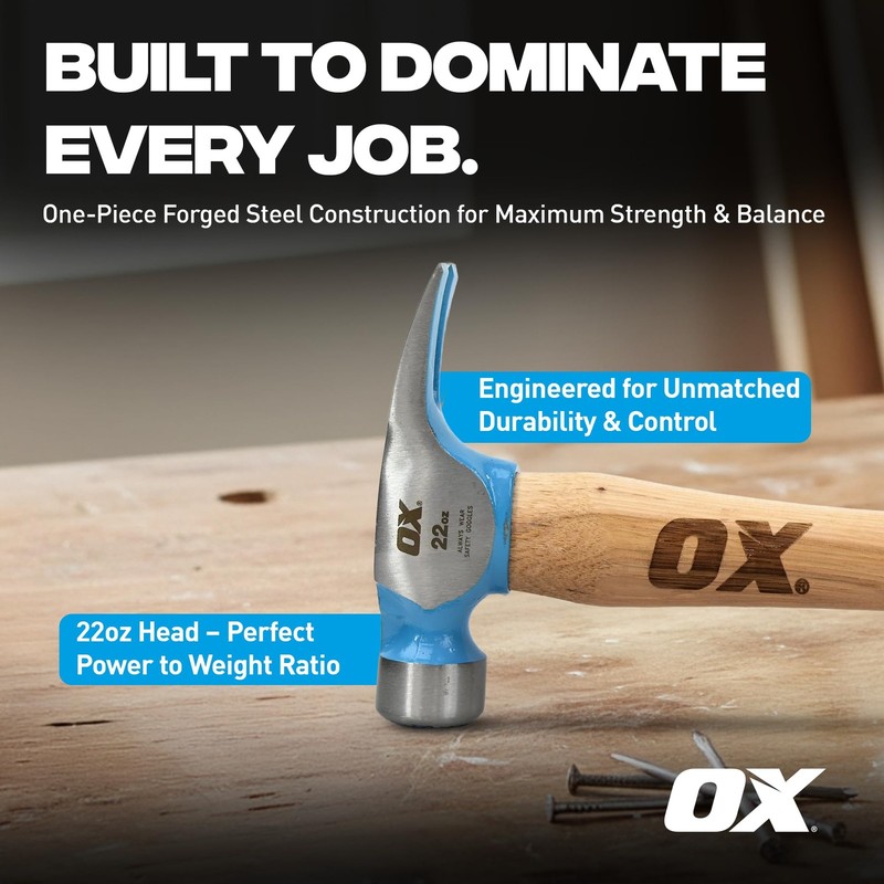 OX Tools Pro Series 22oz Hickory Handle Hammer Straight Claw Milled Face Hammer gallery