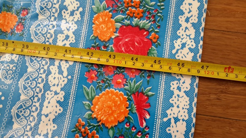 Vinyl Rectangle Tablecloth Blue Red/Orange Floral/White Lace Pattern  70" x 47" gallery