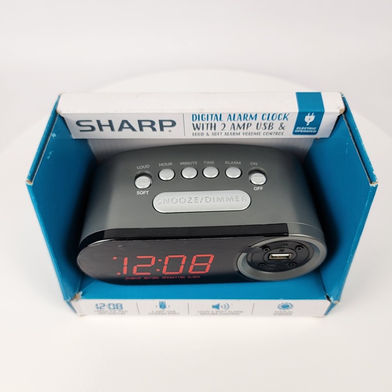 Sharp SPC547 Digital Alarm Clock w/ 2A USB Charger, Red LED, Dimmer, Snooze gallery
