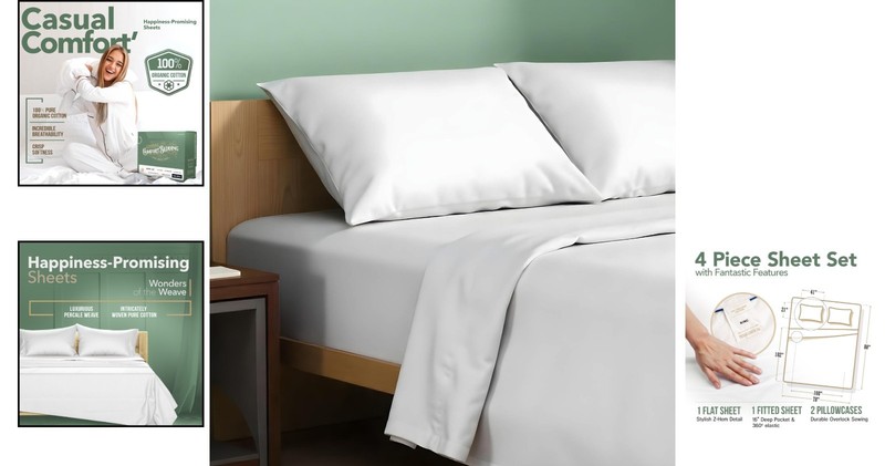 100% Organic Cotton Percale Sheets King Size - Crisp & Cooling 4 PC Set gallery
