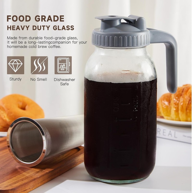 Cold Brew Coffee Maker Pitcher, 64 OZ Heavy Duty Glass Wide Mouth Mason Jar P... gallery