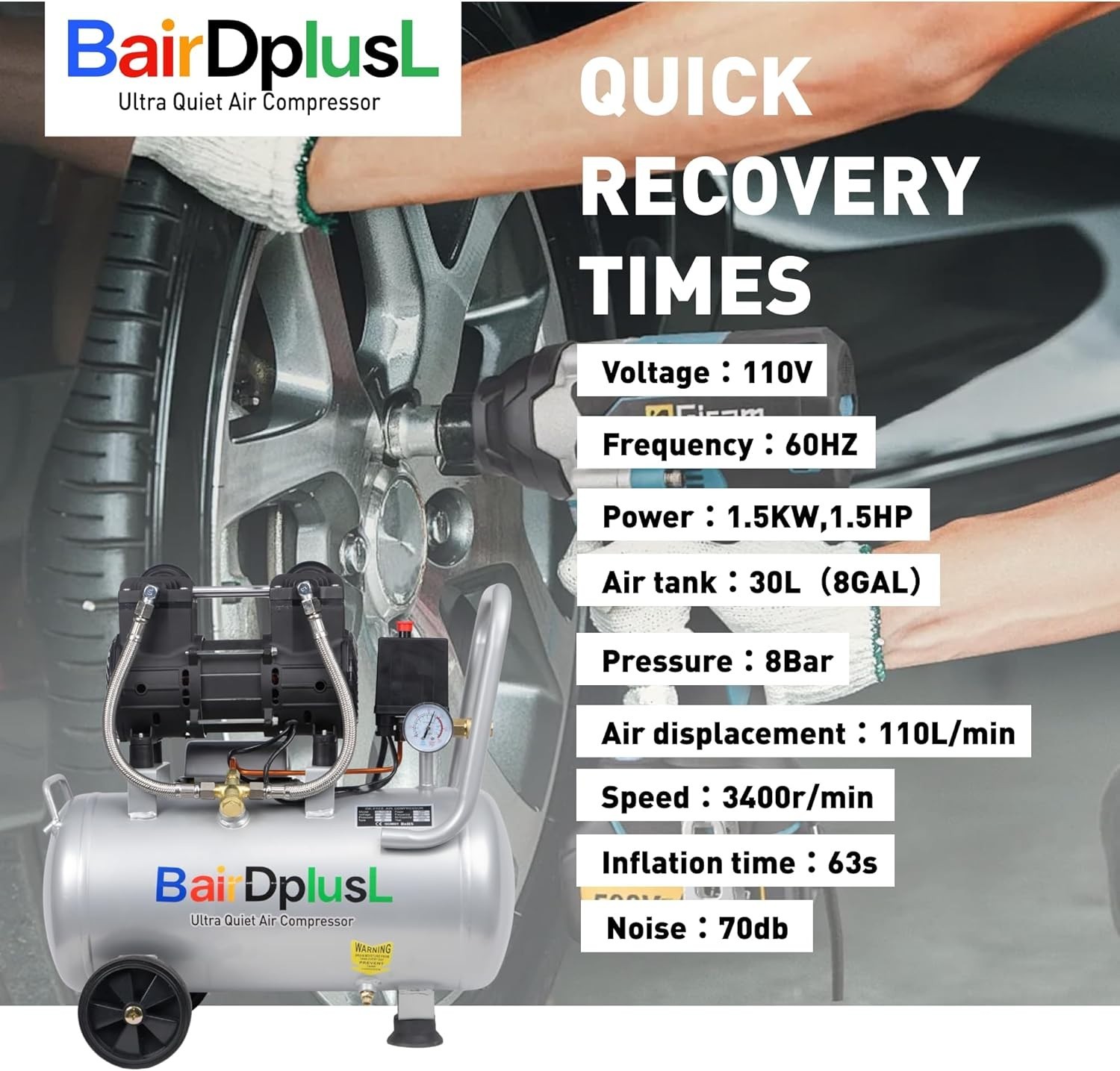 BairDplusL 8Gal Ultra Quiet Air Compressor 110V 1.5HP 8.8CFM 115PSI Oil-Free gallery