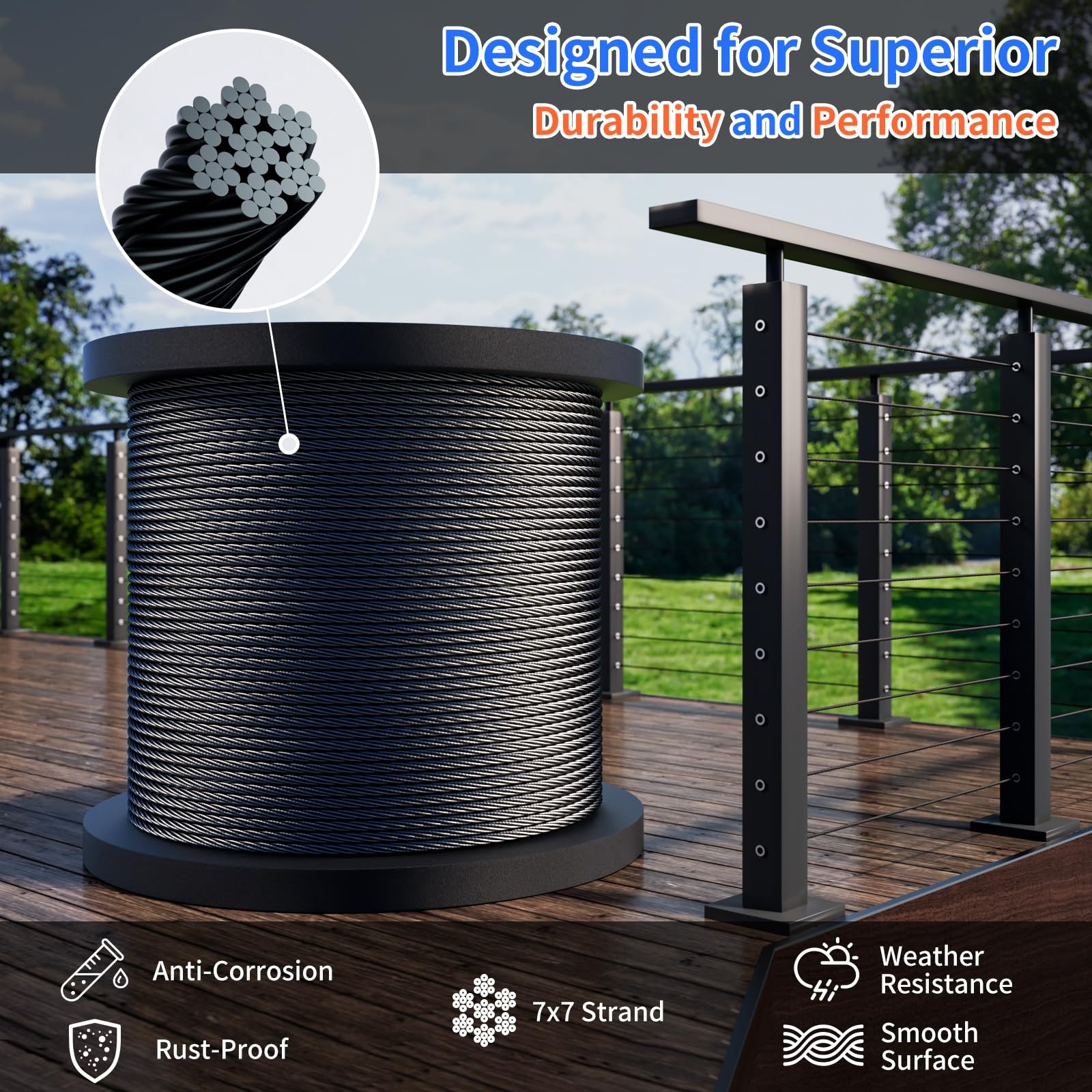 Cable Railing 1/8 T316 Black Stainless Steel Wire Rope 600FT GSS600 BXGGSS High gallery