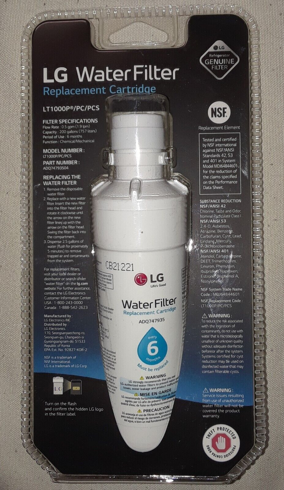 One Sealed Genuine LG Water Filter Replacement Cartidge # LT1000P/PC NSF/ANSI 53 gallery