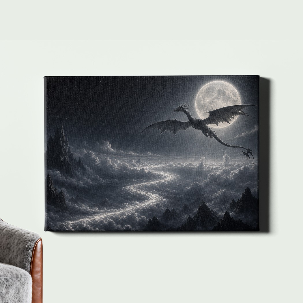 Monochrome Dragon Moon Canvas Print Cloudscape Fantasy Art gallery