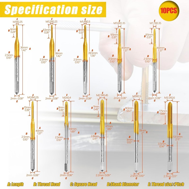 10pcs Micro Metric Taps Bits Set with Tap Wrench M1-M3.5 Machine Screw Thread gallery