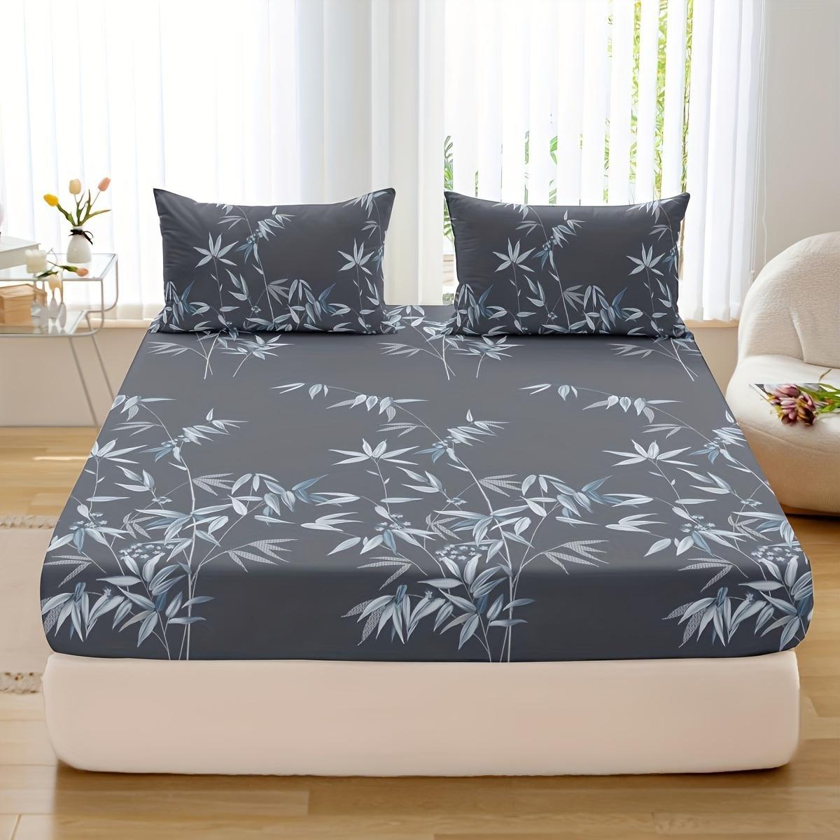 3pcs Bamboo Leaf Print Fitted Sheet Set Soft Hypoallergenic Breathable gallery